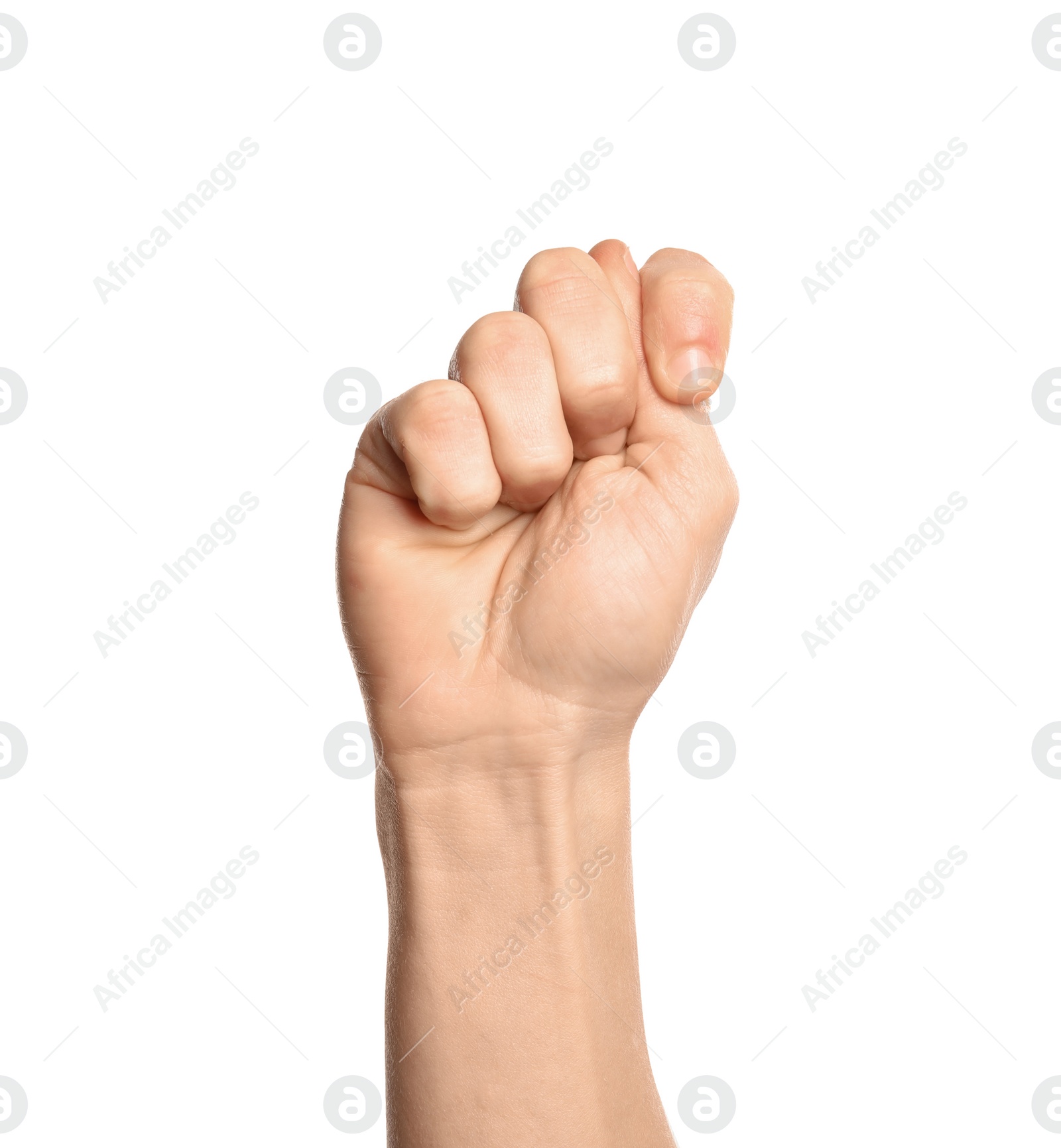 Photo of Man showing T letter on white background, closeup. Sign language