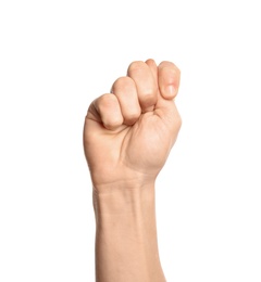 Photo of Man showing T letter on white background, closeup. Sign language