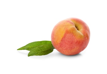 Photo of Delicious ripe juicy peach with leaves isolated on white