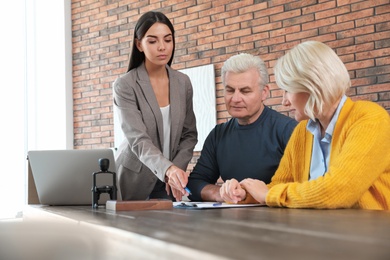 Female notary working with mature couple in office