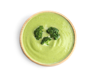 Delicious broccoli cream soup isolated on white, top view