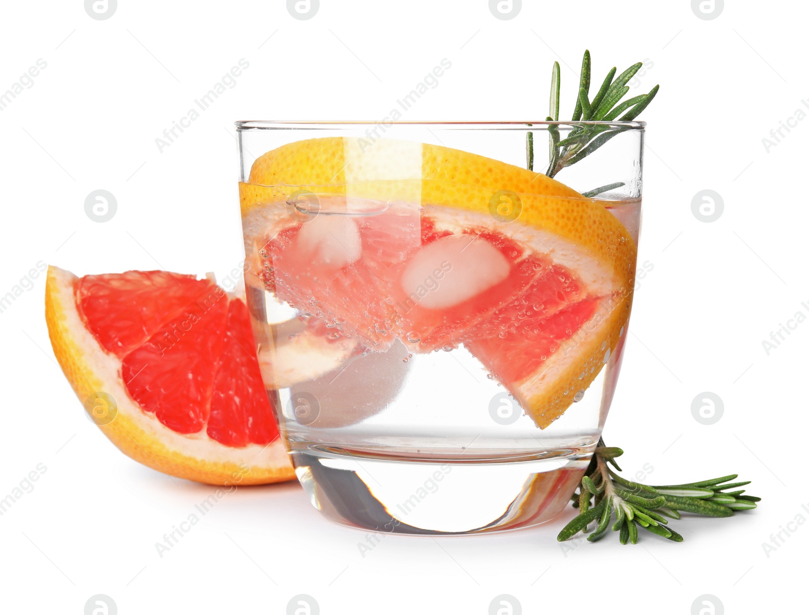 Photo of Glass of infused water and grapefruit isolated on white