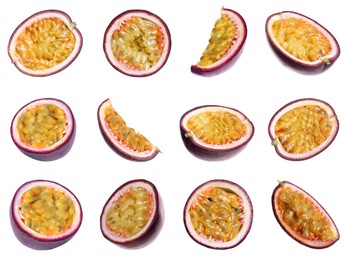 Image of Set with delicious cut passion fruits on white background