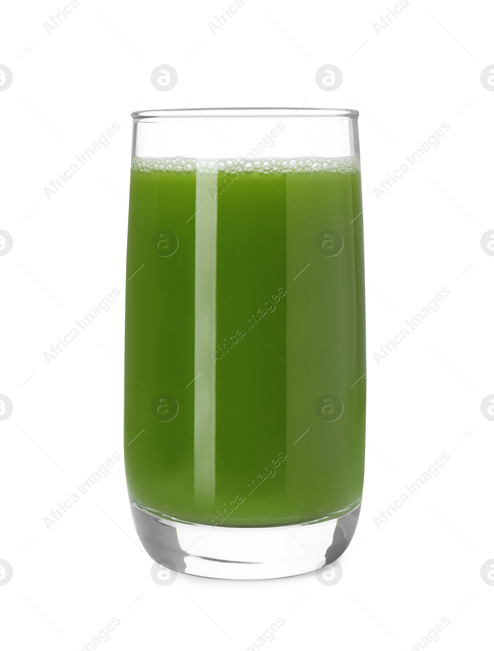 Photo of Glass of fresh celery juice on white background