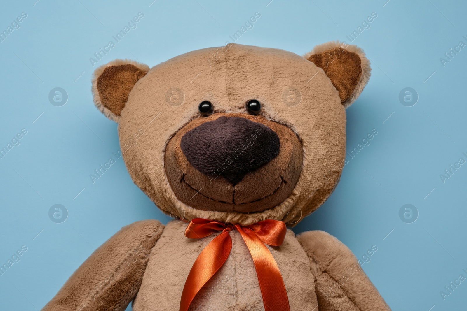 Photo of Cute teddy bear on light blue background, top view