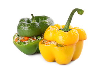 Photo of Tasty stuffed bell peppers isolated on white