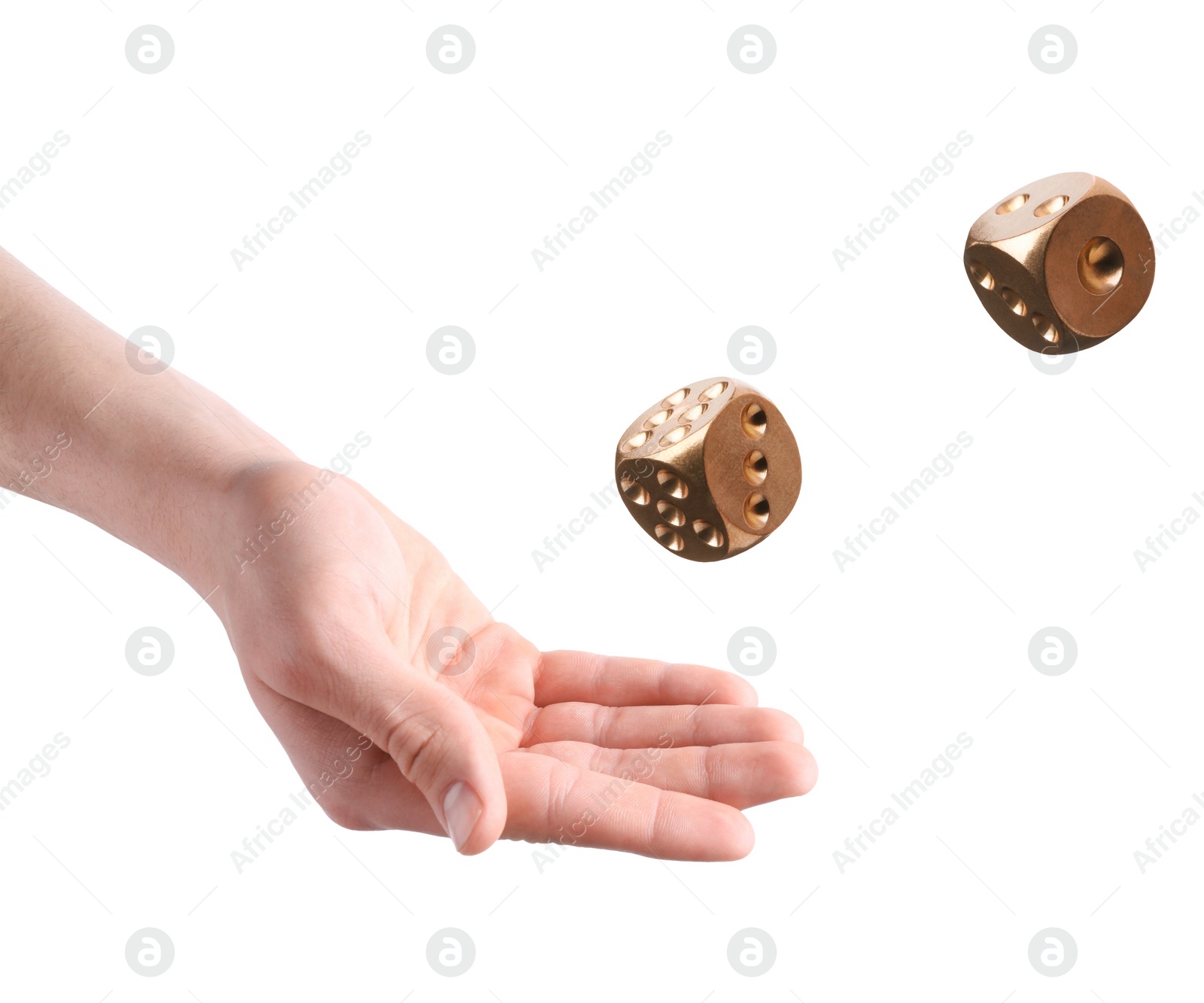 Image of Man throwing golden dice on white background, closeup