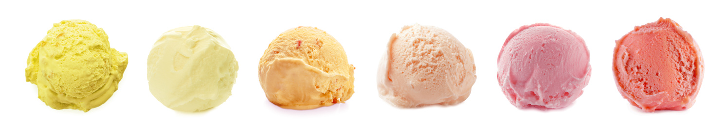 Image of Set with scoops of different ice creams on white background. Banner design