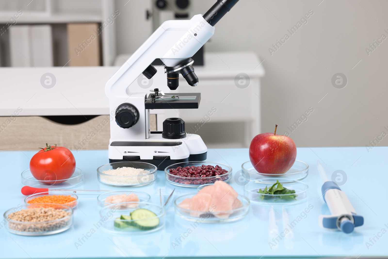 Photo of Food quality control. Microscope, petri dishes with different products and other laboratory equipment on light blue table