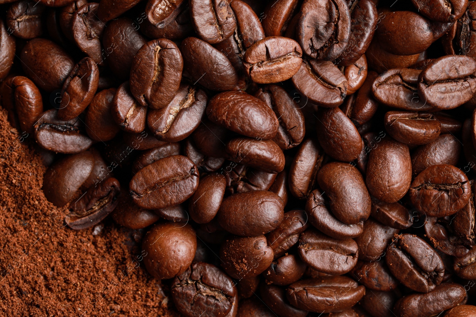 Photo of Different types of coffee as background, top view