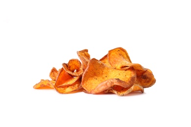 Photo of Pile of sweet potato chips isolated on white
