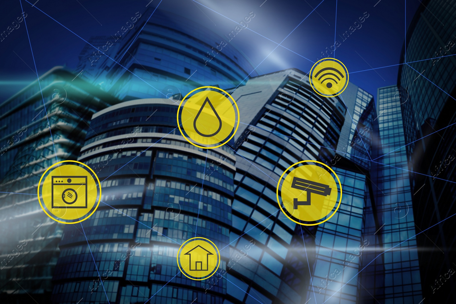 Image of Different virtual icons and modern buildings on background. Smart city concept