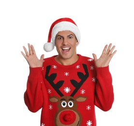 Photo of Excited man in Santa hat on white background. Christmas countdown