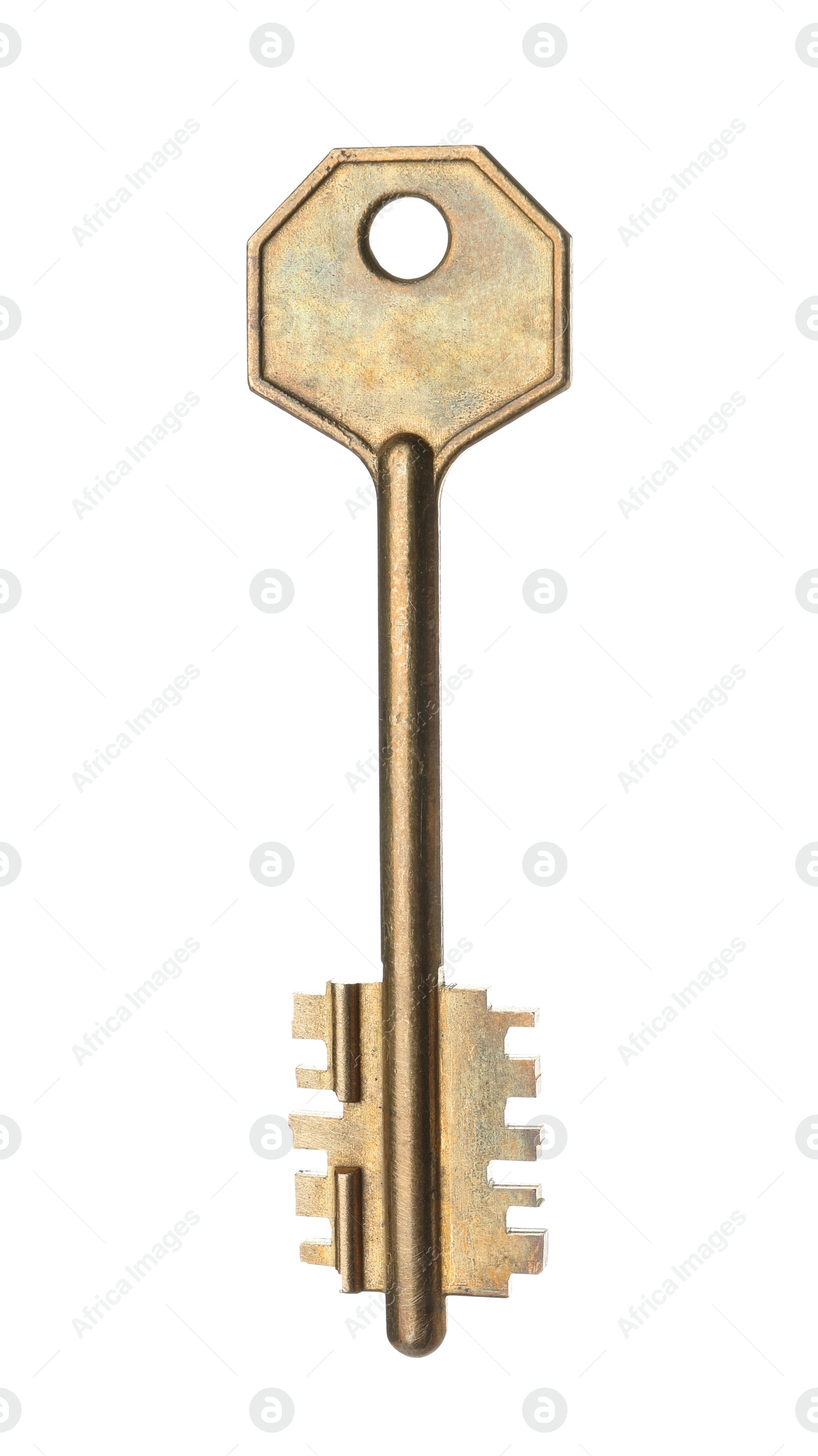 Photo of One metal modern key on white background