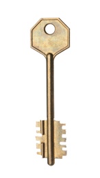 Photo of One metal modern key on white background