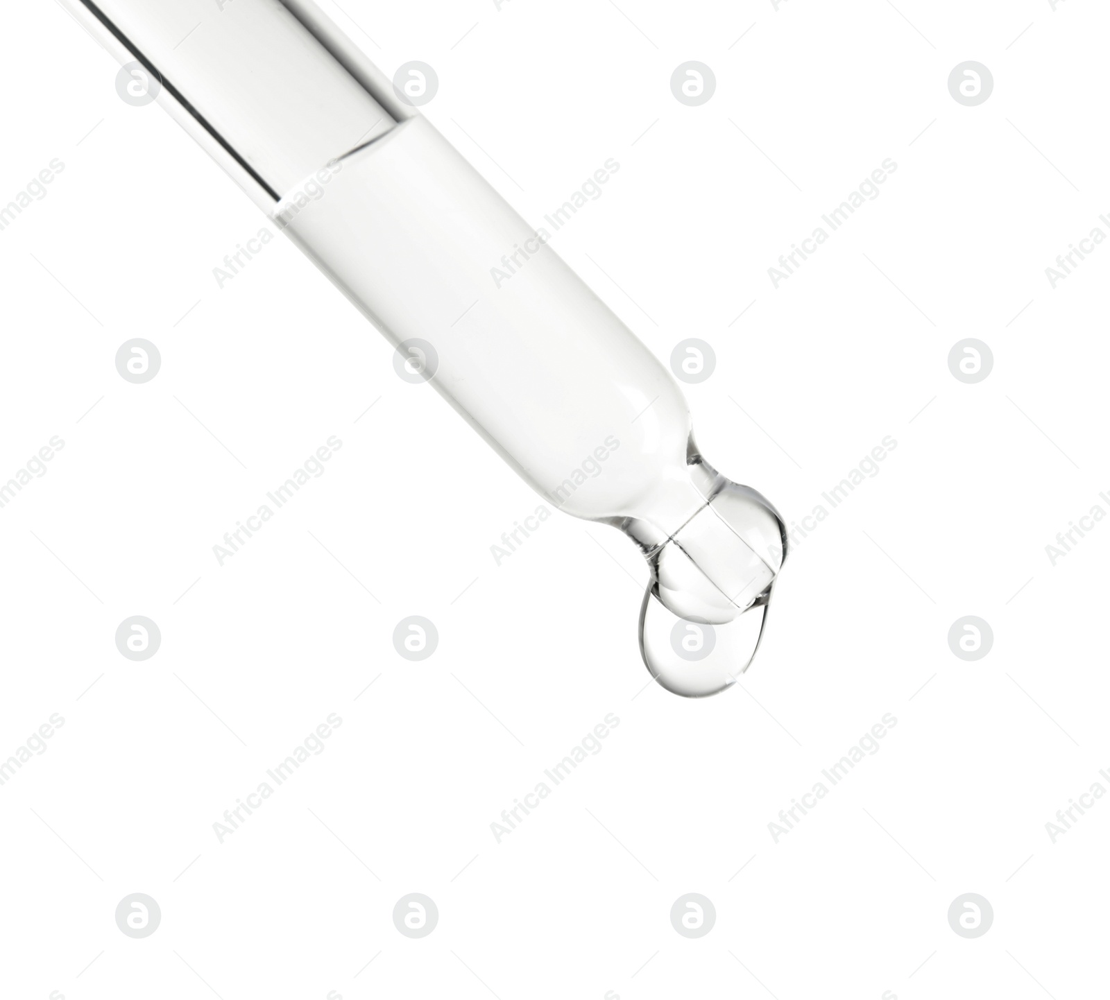 Photo of Pipette with essential oil on white background