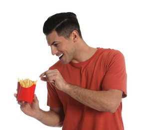 Photo of Man with French fries on white background