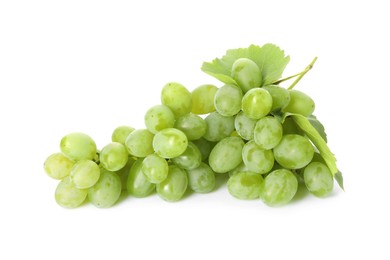 Fresh ripe grapes and leaves isolated on white