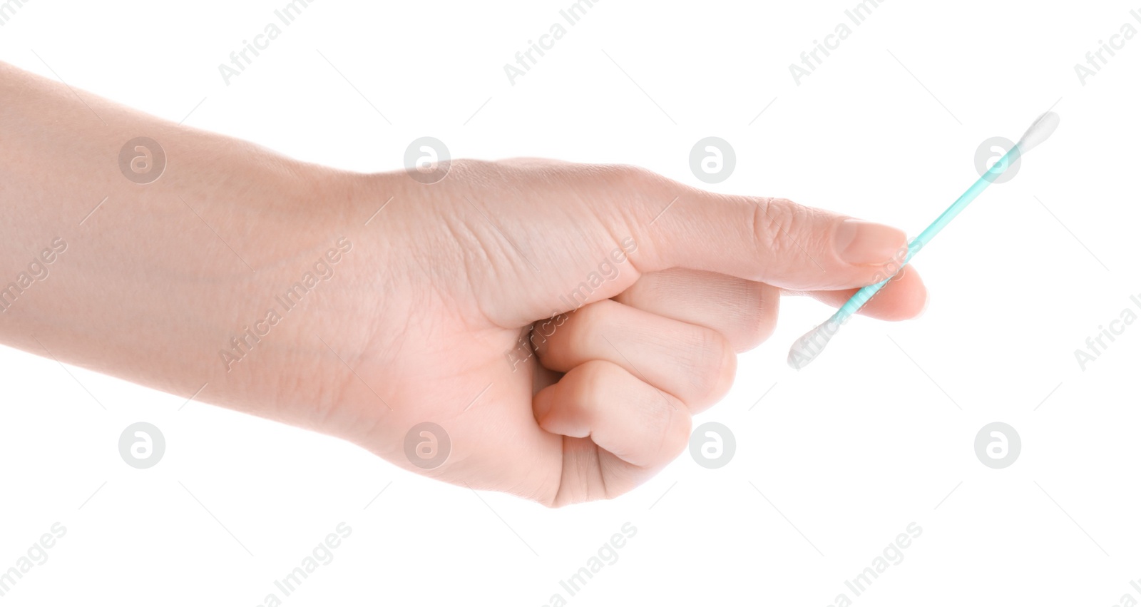 Photo of Woman holding cotton bud on white background