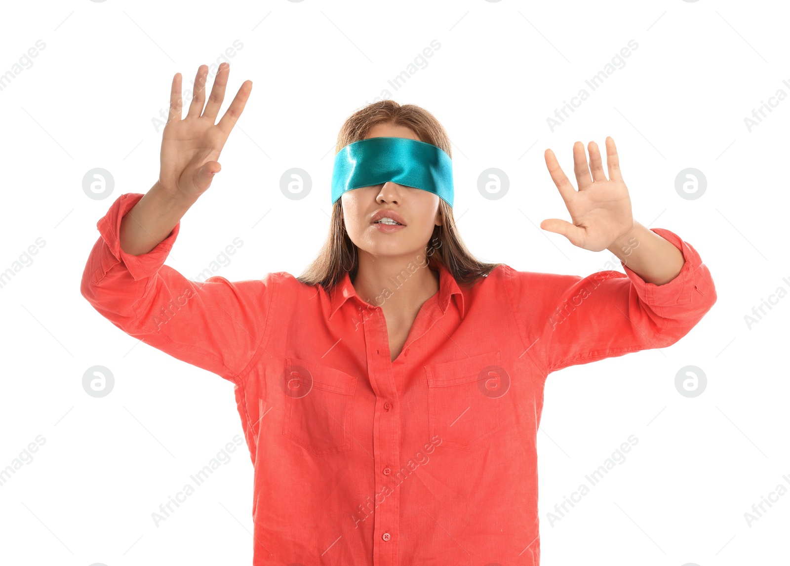 Photo of Young woman with light blue blindfold on white background