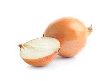 Photo of Fresh onions on white background. Ripe vegetable