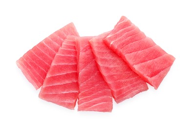 Photo of Tasty sashimi (pieces of fresh raw tuna) on white background, top view