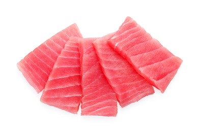 Tasty sashimi (pieces of fresh raw tuna) on white background, top view