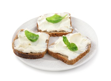 Photo of Bread with cream cheese and basil on white background