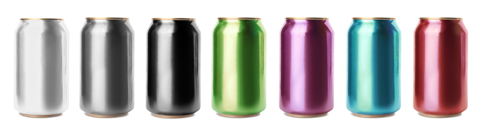 Image of Set with aluminium drink cans in different colors on white background. Banner design