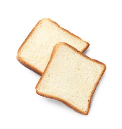 Pieces of fresh toast bread isolated on white, top view