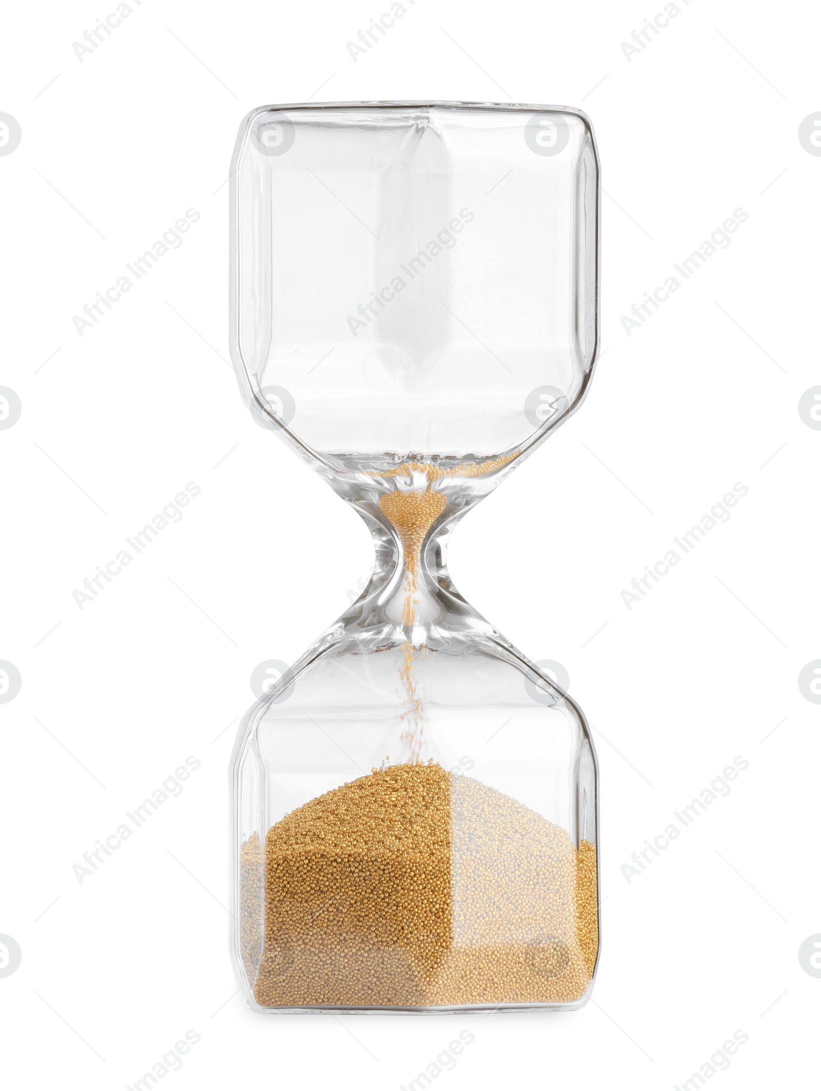 Photo of Hourglass with flowing sand isolated on white