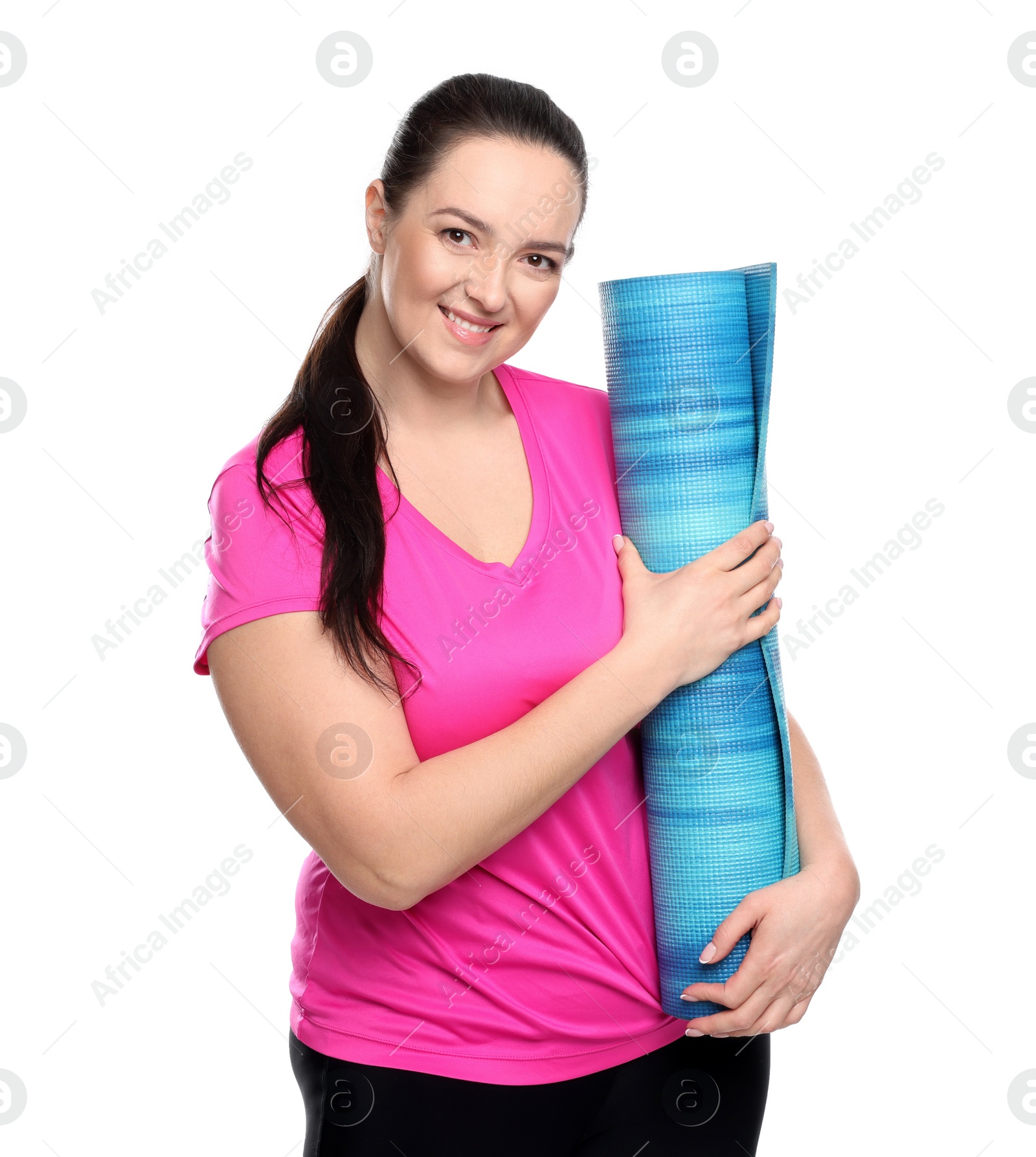 Photo of Happy overweight woman with yoga mat on white background