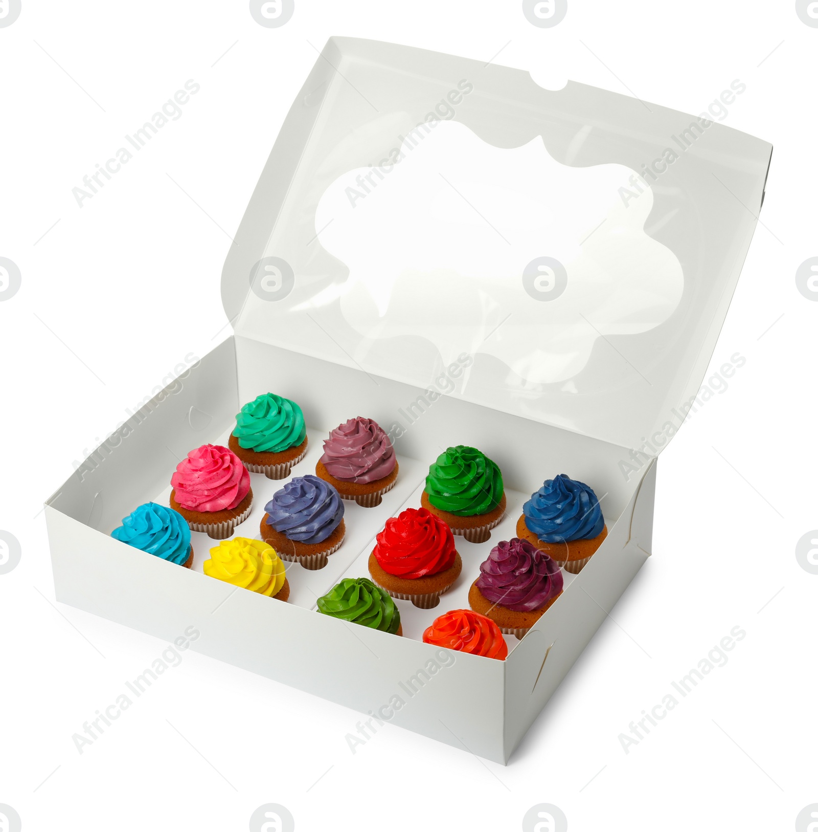 Photo of Box with different cupcakes on white background