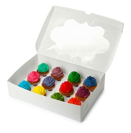 Box with different cupcakes on white background