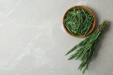 Photo of Plate and fresh rosemary twigs on grey marble background, flat lay. Space for text