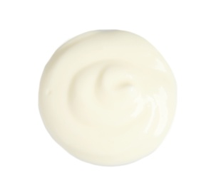 Photo of Delicious sour cream on white background, top view. Dairy product