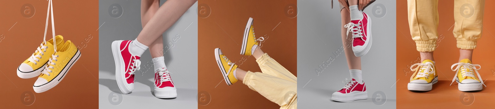 Image of Photos of women and stylish sneakers on different color backgrounds, collage design