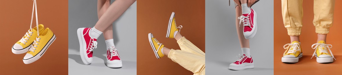 Photos of women and stylish sneakers on different color backgrounds, collage design