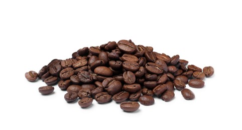 Pile of roasted coffee beans on white background