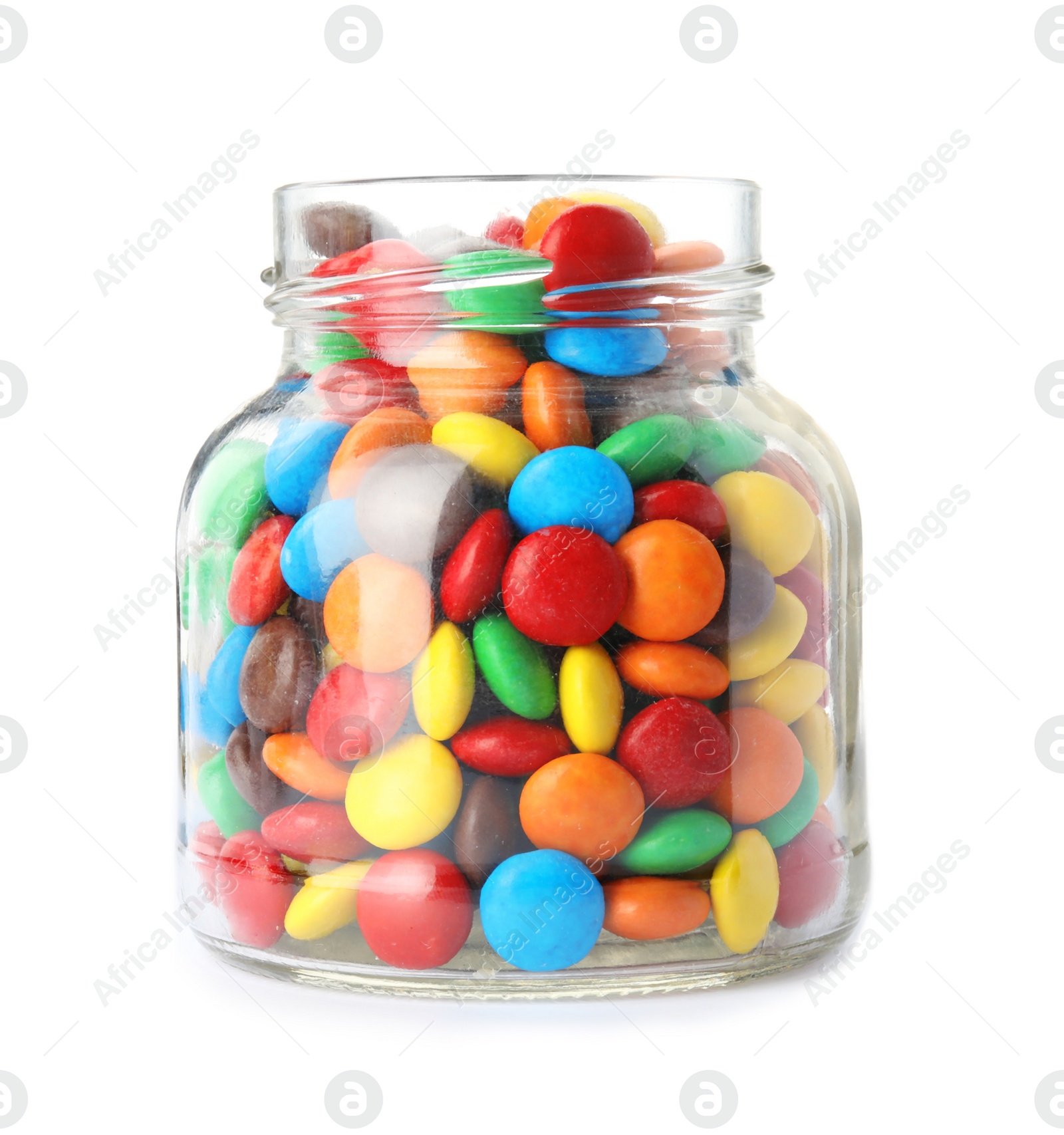 Photo of Jar with colorful candies on white background