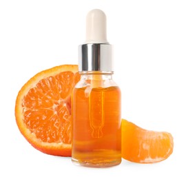 Aromatic tangerine essential oil in bottle and citrus fruit isolated on white