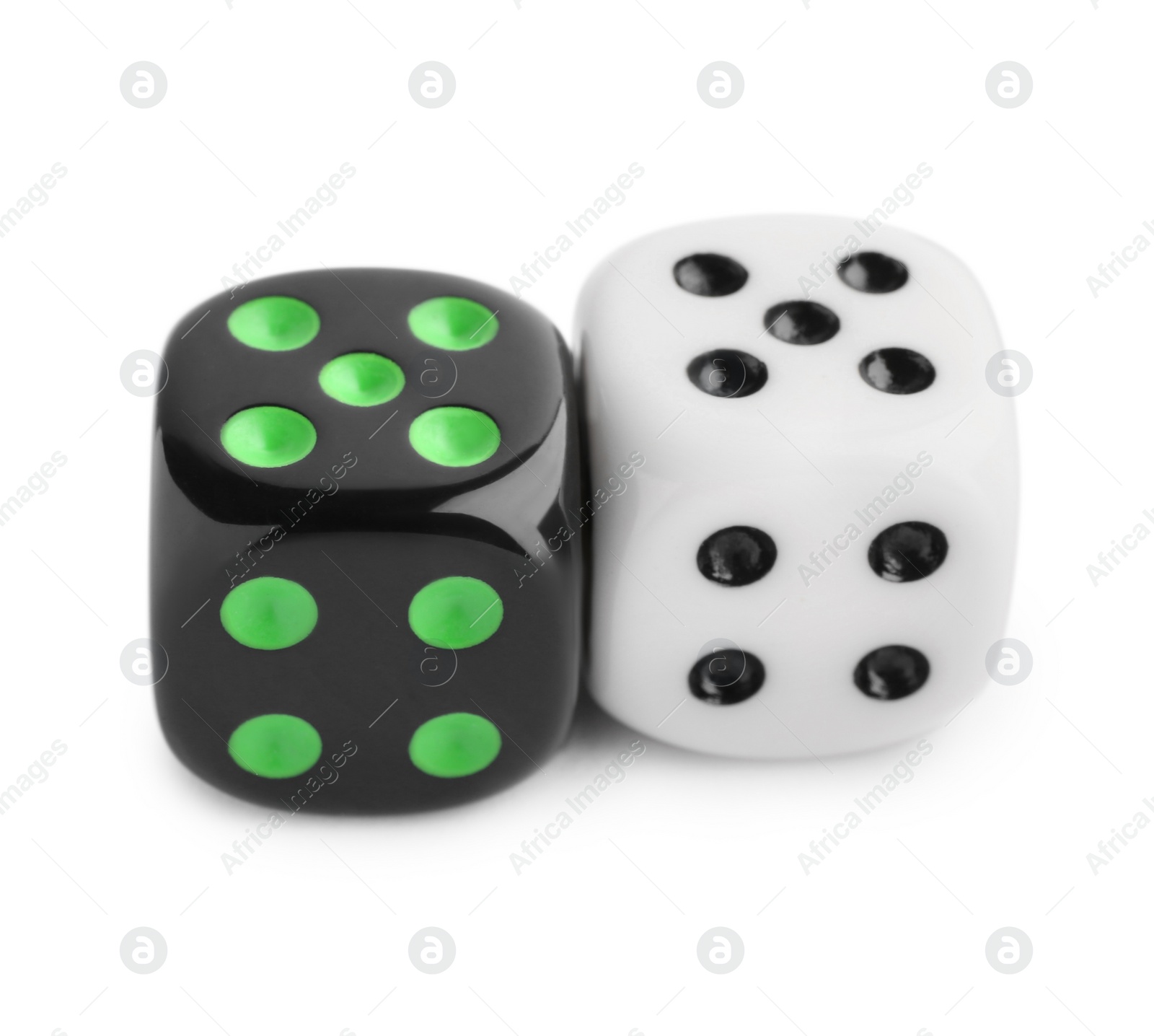 Photo of Two color game dices isolated on white