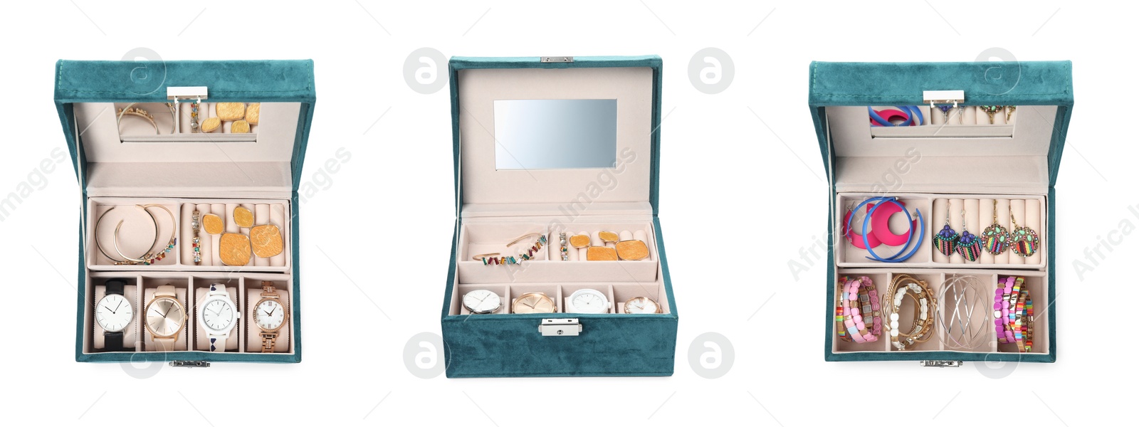 Image of Collage with elegant jewelry box isolated on white, top and side views