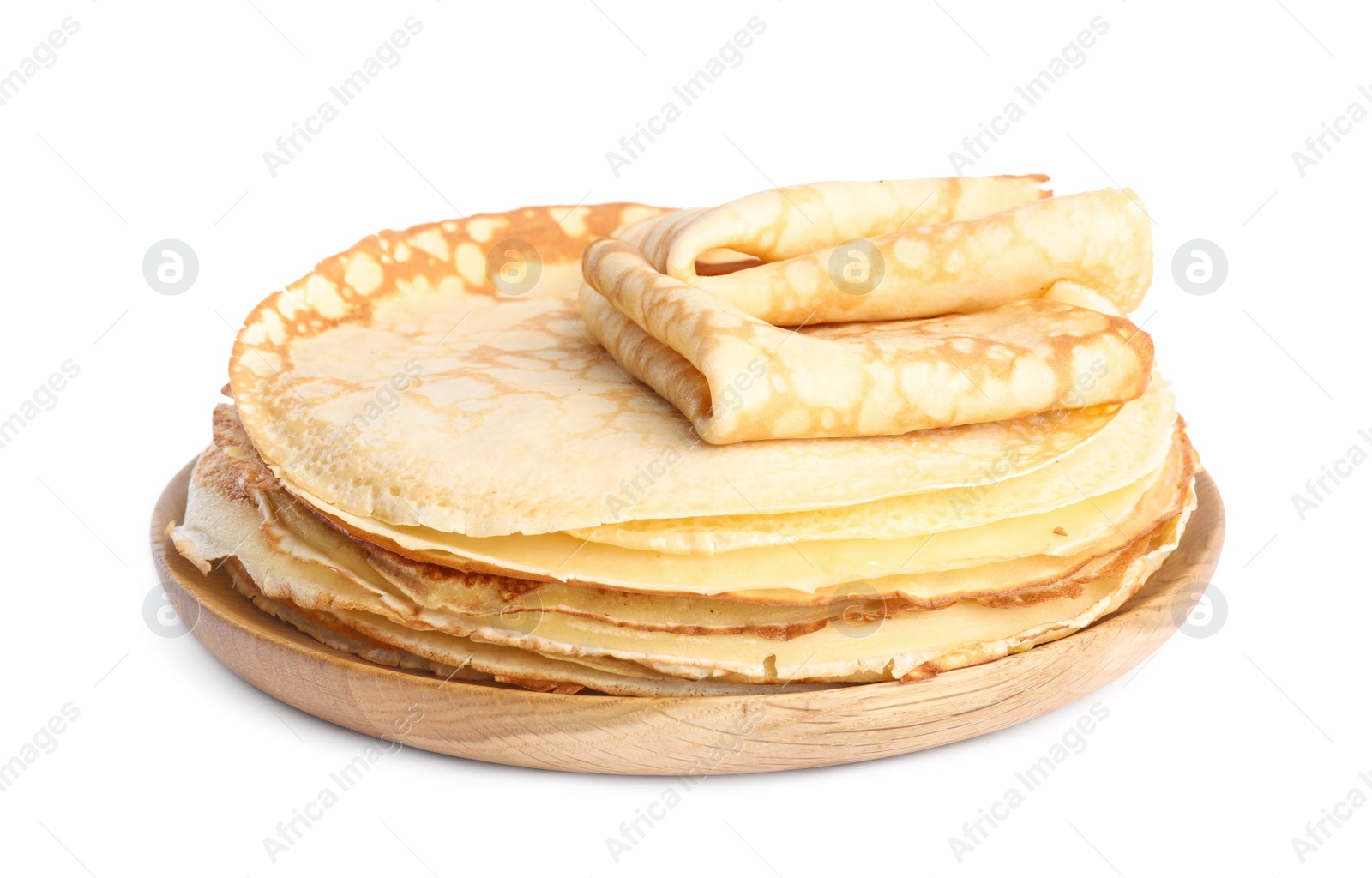 Photo of Stack of fresh thin pancakes isolated on white