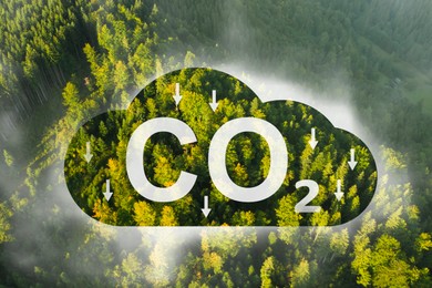 Image of Reduce CO2 emissions. Aerial view of beautiful mountain slope. Illustration of cloud with CO2 inscription and arrows