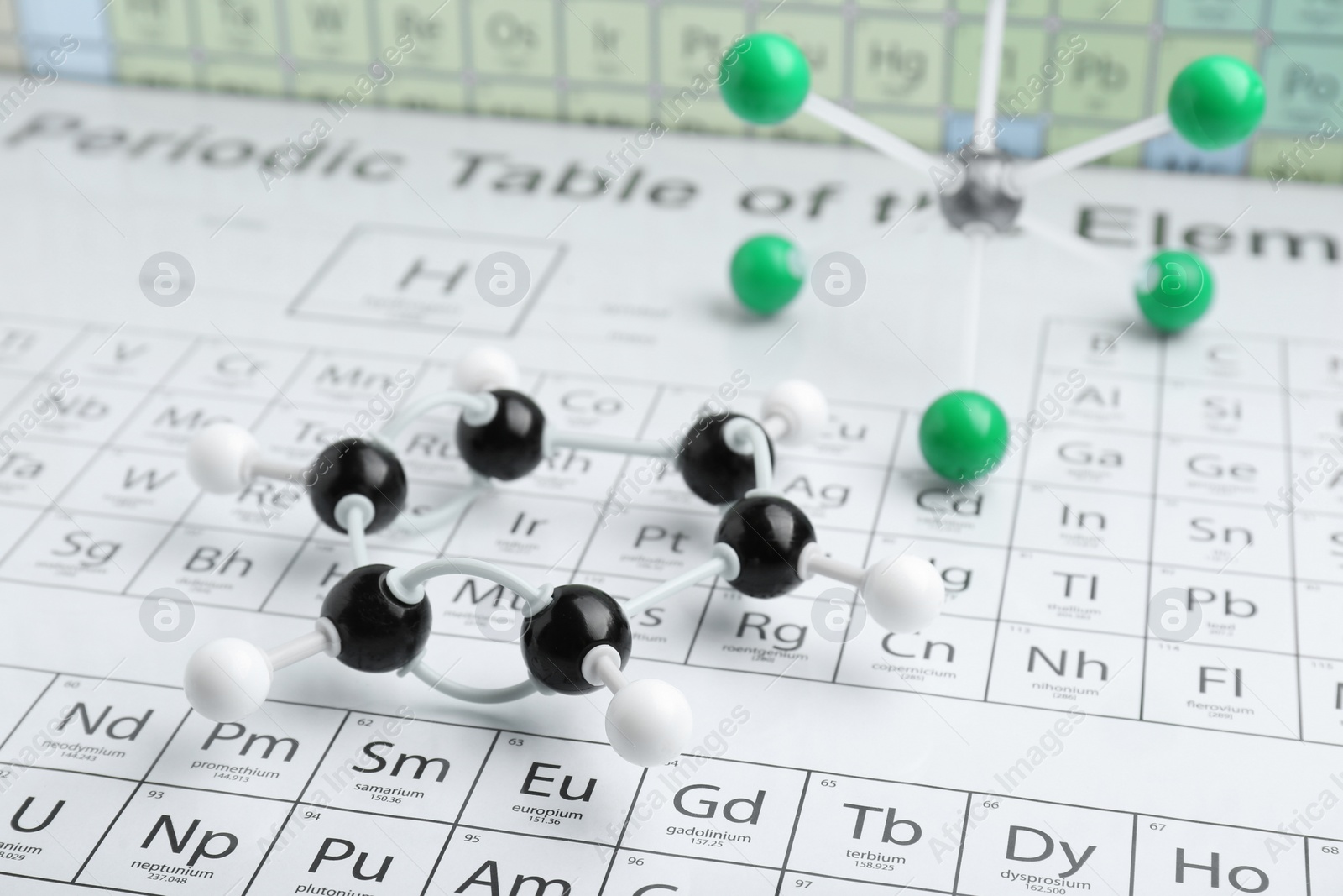 Photo of Molecular models on periodic table of chemical elements