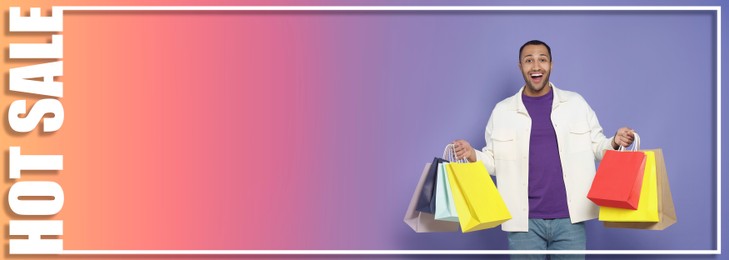 Sale banner or flyer design. Happy man with shopping bags on color gradient background, space for text