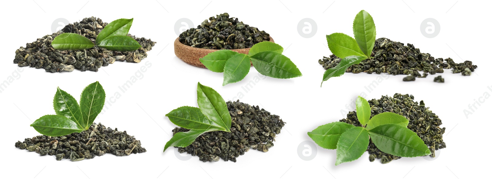 Image of Dry green tea and fresh leaves on white background, collage. Banner design 