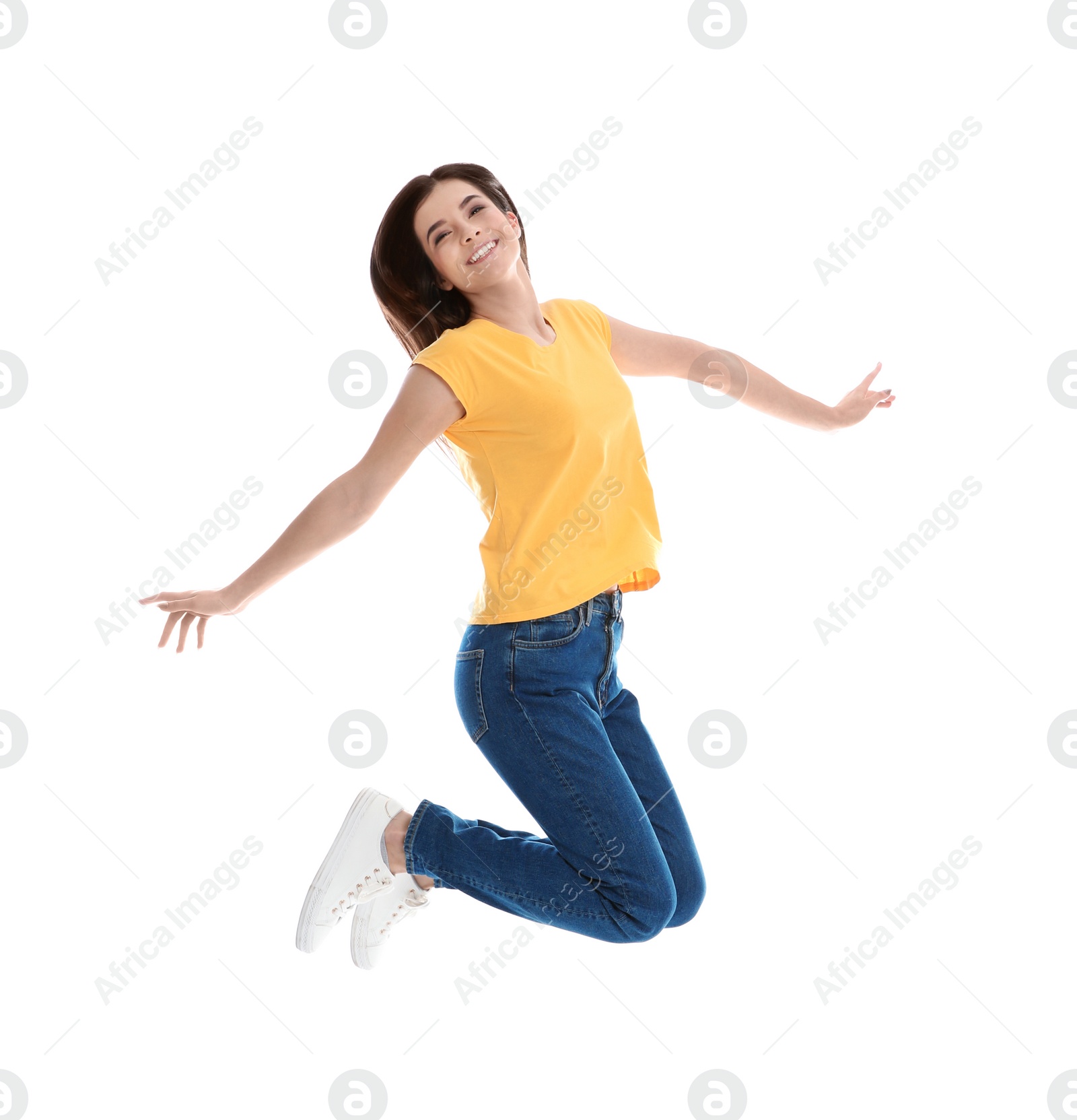 Photo of Beautiful young woman in stylish clothes on white background