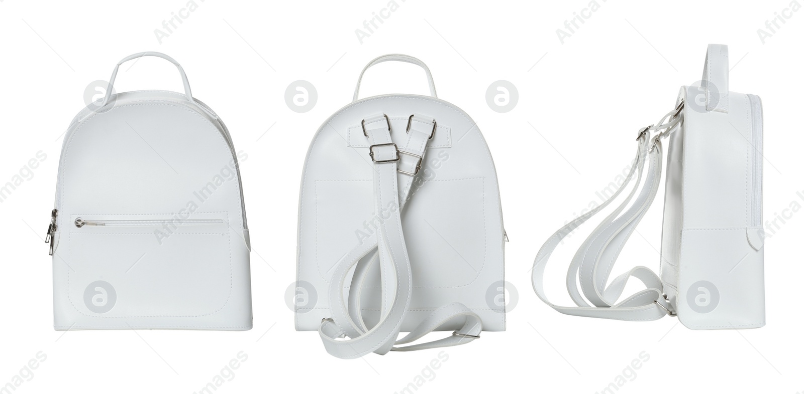 Image of Set with stylish backpacks on white background, banner design